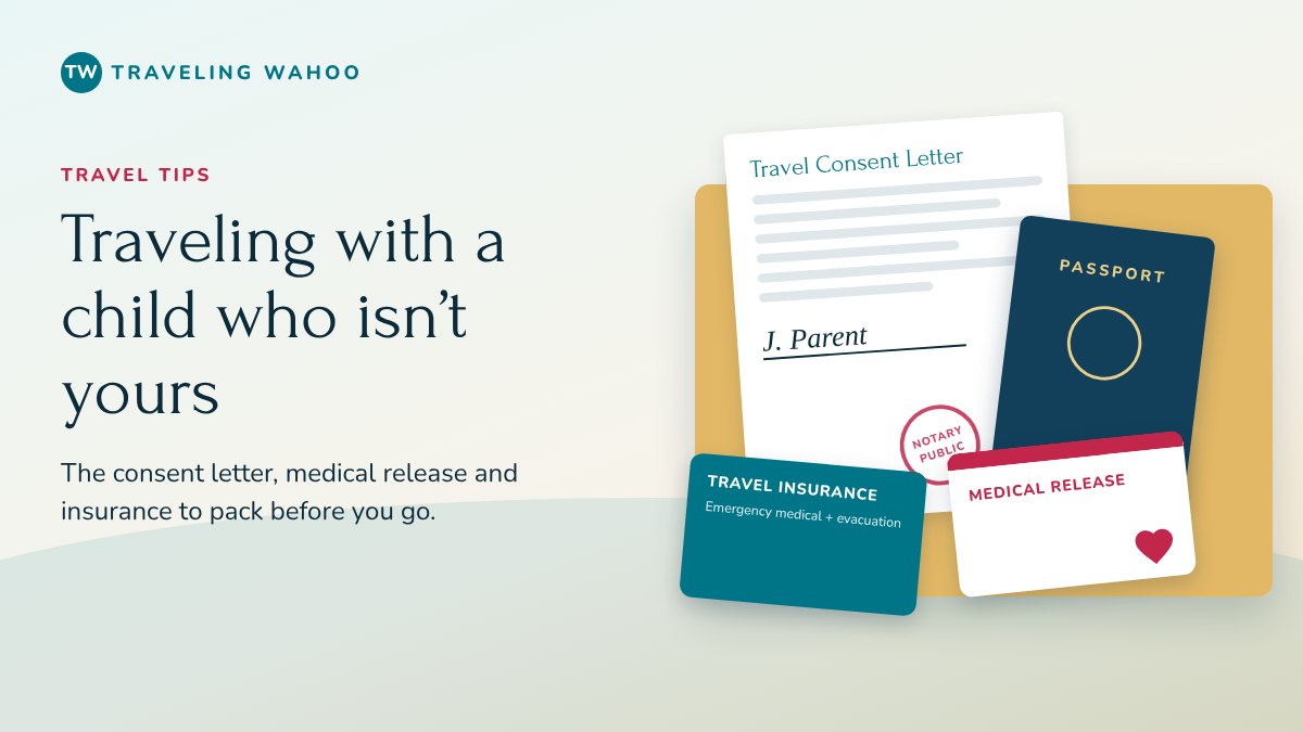 A travel folder with a notarized consent letter, a passport, a medical release and a travel insurance card