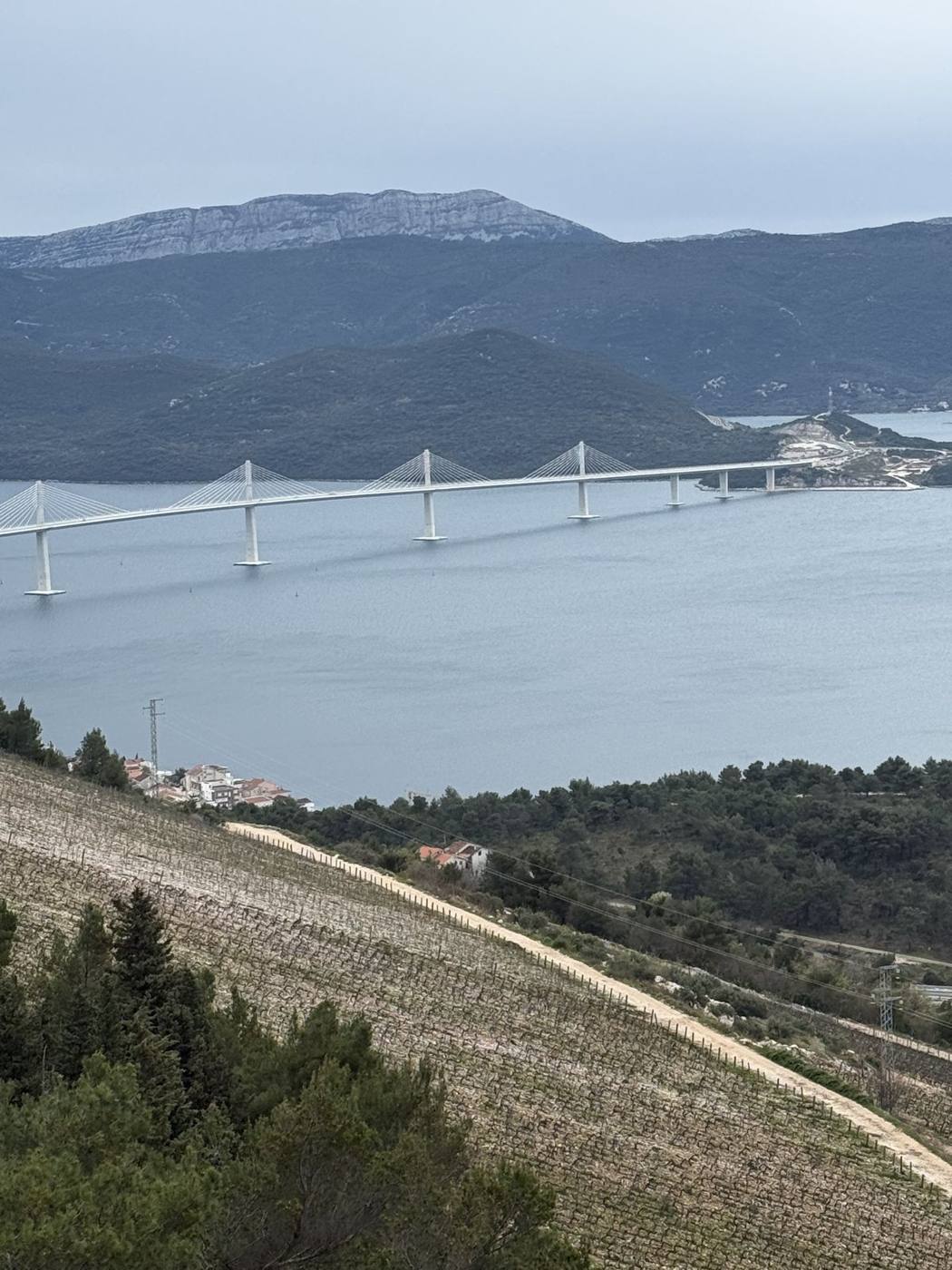 The long white Pelješac Bridge stretching across a bay below green hills
