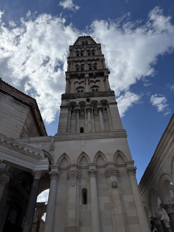 The cathedral bell tower rising over the stone lanes of Diocletian&rsquo;s Palace in Split