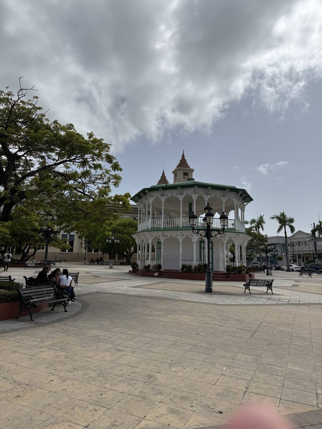 The Victorian gazebo in Puerto Plata’s central park under a cloudy sky