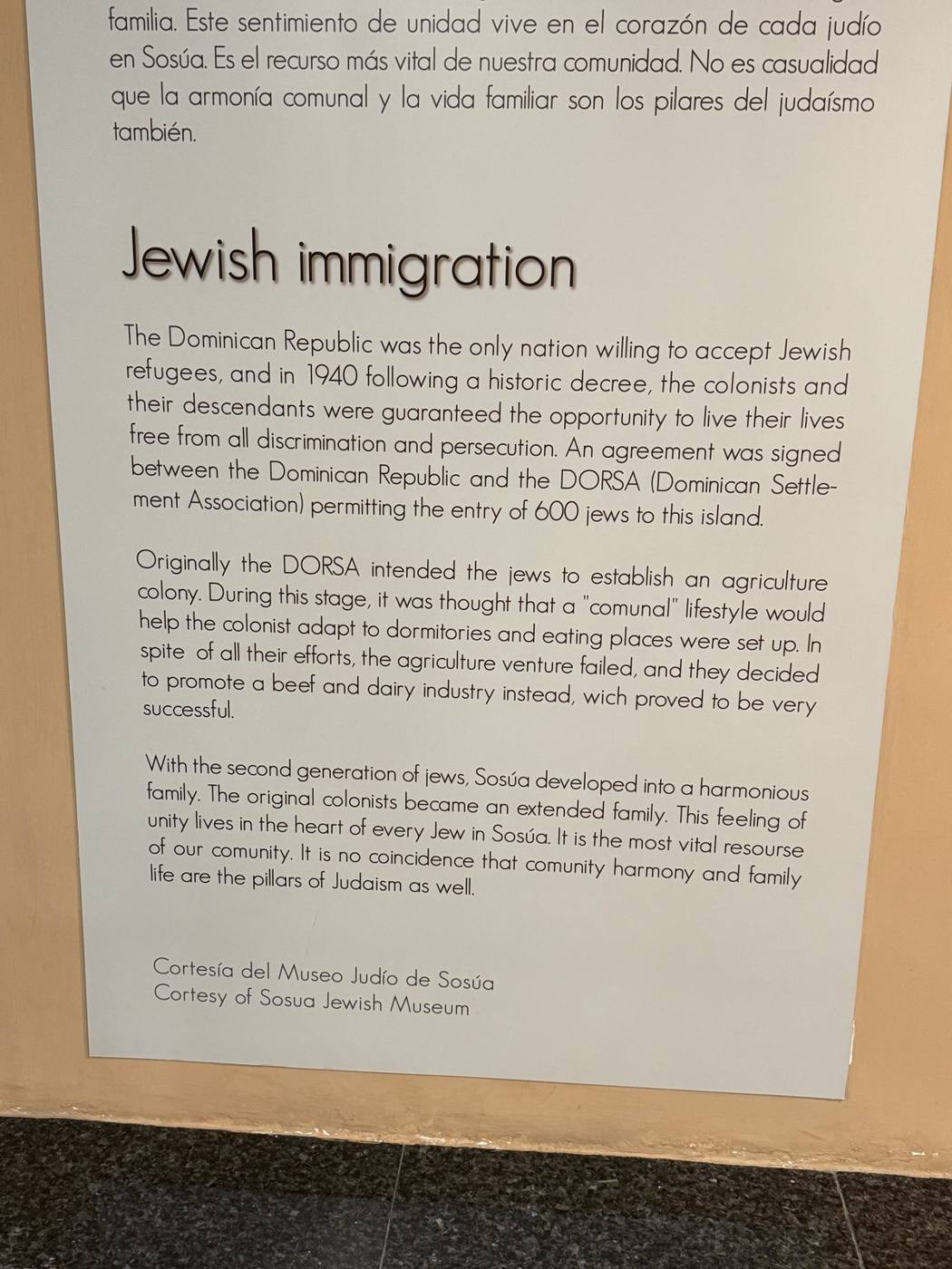 An exhibit panel about Jewish immigration at the Sosúa Jewish Museum