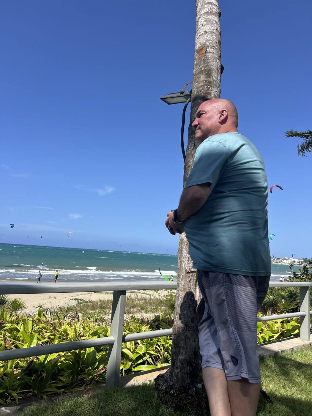 Troy Haley leaning on a palm tree above the beach in Cabarete with kites over the water