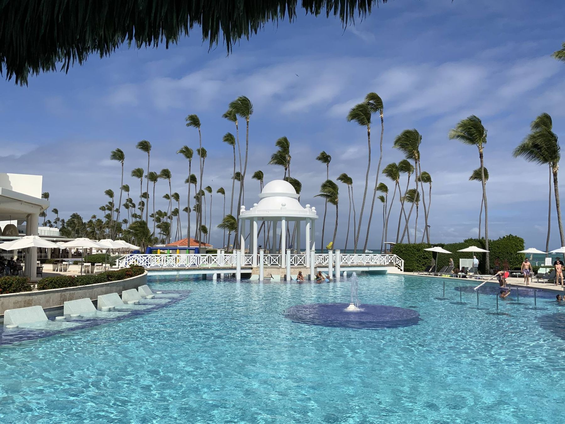 Palm-lined resort pool under a blue sky in Punta Cana