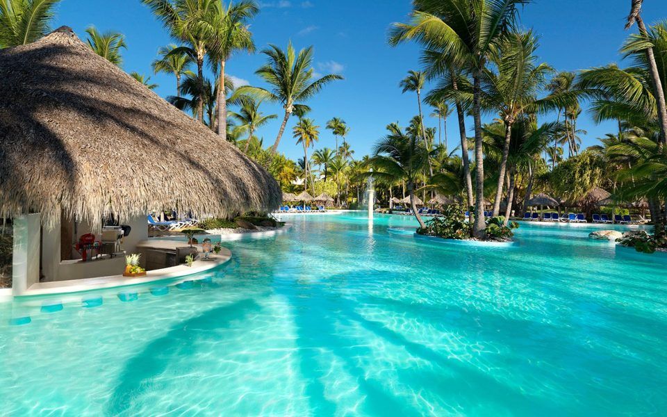 Turquoise pool with a thatched swim-up bar and palm trees at Meliá Caribe Beach