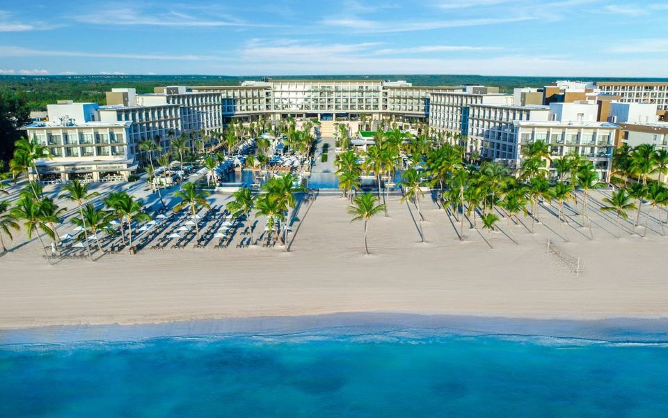 Aerial view of Hyatt Zilara Cap Cana, its pools and the beach