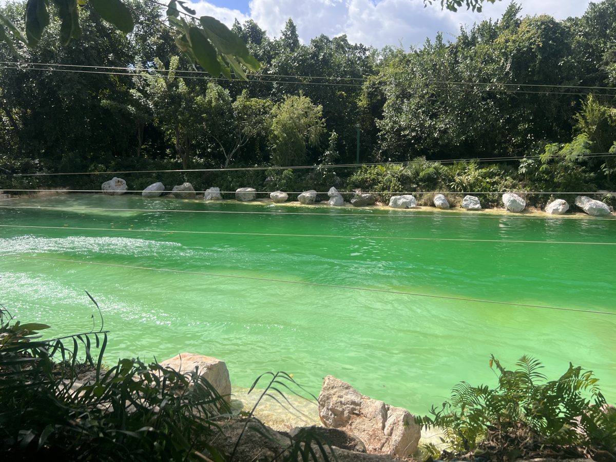 Bright green lagoon ringed by rocks and jungle at Scape Park in Cap Cana
